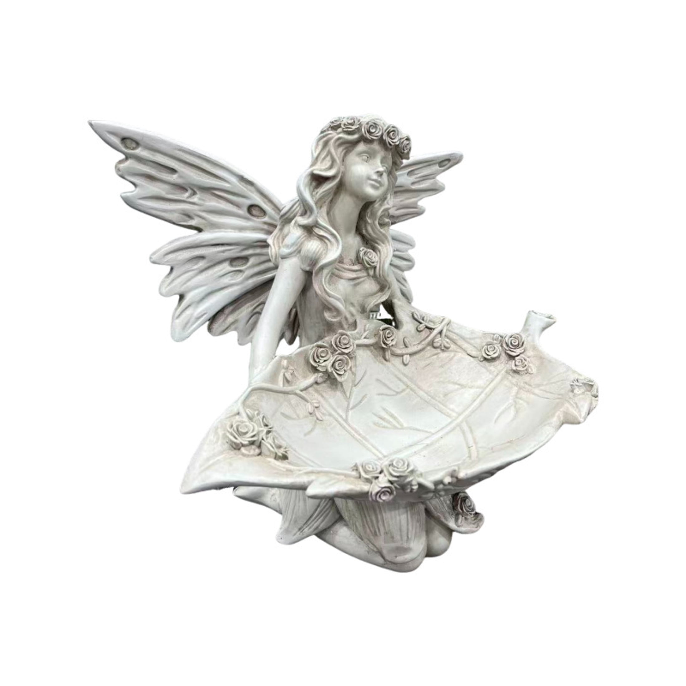 GDF Studio Fairy Angel Garden Statue with Leaf Tray, Vintage Off-White Resin Sculpture Figurine, Outdoor Yard Lawn Decor