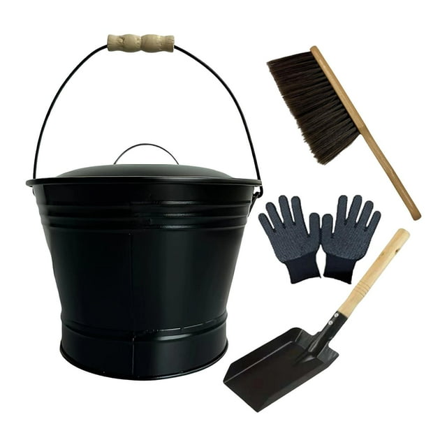 Cubo de cenizas,Cubo para cenizas de chimenea con tapa,guantes y pala,Cubo de metal de hierro con asa,resistente al calor,Cubo para carbón de exterior multifuncional y resistente,Herramientas