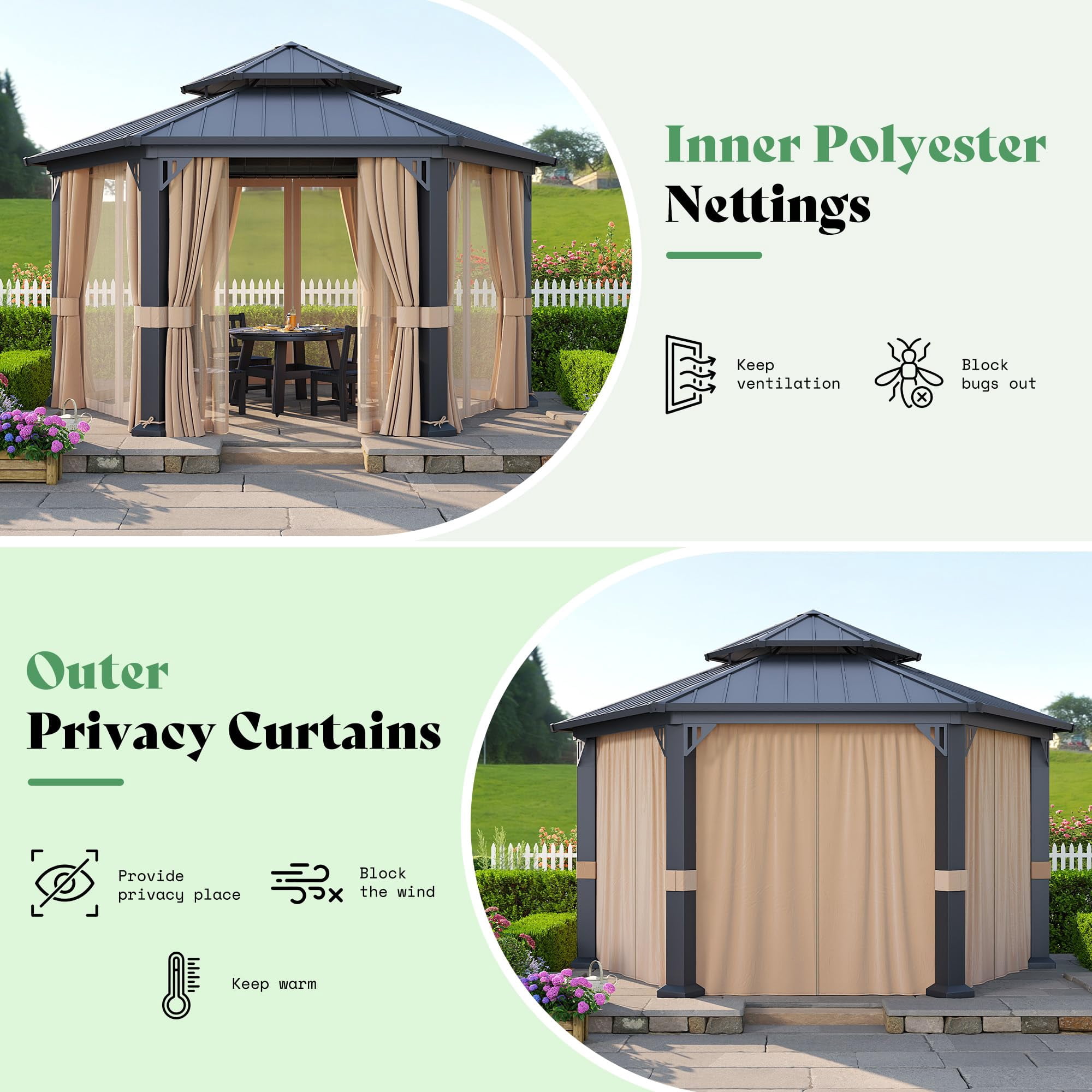 Jocisland 13X15 FT Hardtop Gazebo, Hexagon Metal Patio, Double Roof Pavilion with Aluminum Foot