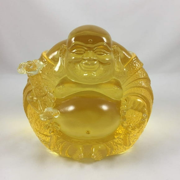Amore Jewell Ru-Yi Laughing Buddha Statue Maitreya Buddha in Amber Color Fengshui Decoration Ornament Gift for Home & Office (Liuli Crystal Glass)