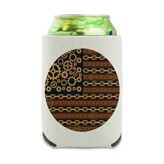 Steampunk American Flag with Gears Belts Chains Can Cooler - Drink Sleeve Hugger Collapsible Insulator - Beverage Insulated Holder