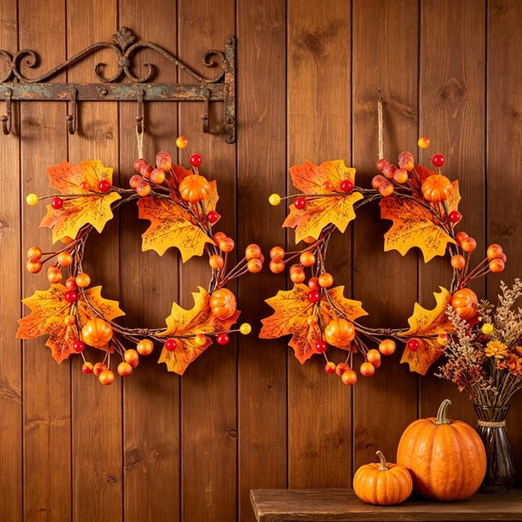 2 Pcs Fall Mini Wreath Taper Candle Rings Artificial Pumpkin Maple Leaf Holder with Berries Christmas Autumn Harvest Wreaths for Pillar Halloween Thanksgiving Wedding Table Home Decor