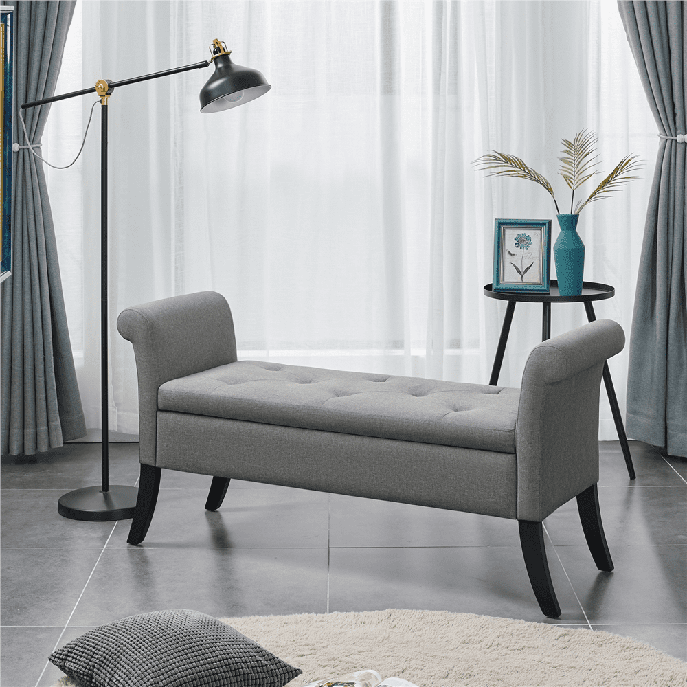 Alden Design Button Tufted Ottoman Storage Bench with Rolled Arms, Light Gray Fabric