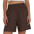 thumbnail image 2 of Stretch Jean Shorts for Women Linen Shorts Women Elastic Smocked Waist Patch Pocket Breathable Summer Casual Bottoms Brown L, 2 of 6