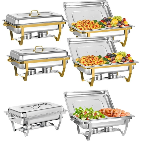 Jacgood Chafing Dish Buffet Set 6 Pack 1/2 Pan, 8QT Rectangular 4 Gold & 2 Silver Stainless Steel Chafing Dish Set, Buffet Warmer for Hotel Catering, Parties, Weddings