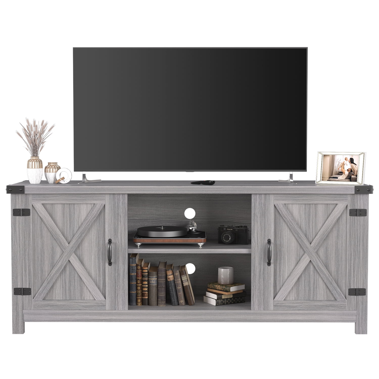 Furmax Barn Door TV Stand Media Console Center Industrial Style for TVs up to 65", Grey Wash