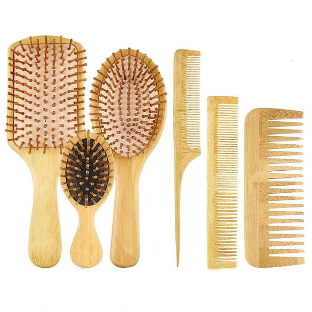 Cepillo de pelo 6 en 1 para hombres y mujeres, mango de cerdas de bambú, juego de cepillo con peine de cola, peine de dientes, peine de doble cabeza, 3 cepillos de masaje con cojín de aire diferentes