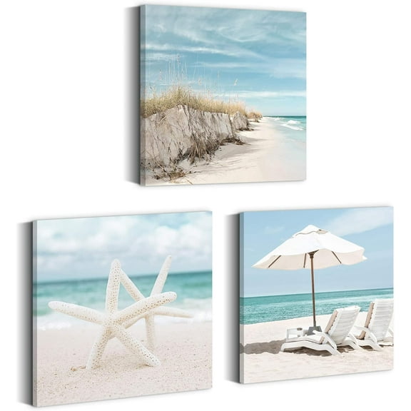 Bathroom Seascape Canvas Wall Art: 3 Pieces Relaxing Beach Scenery Wall Art Sea Starfish Picture Blue Ocean Print Summer Seaside Painting Seashore Coastal Artwork for Bedroom