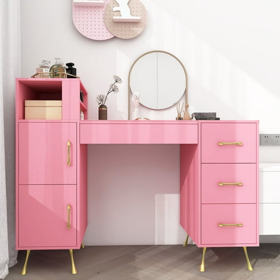HIUU Pink Vanity Desk with 4 Drawers,Makeup Vanity Console Table for Bedroom,55inches Makeup Desk,Modern Dressing Table with Storage