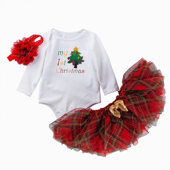 mgoYE My First Christmas Baby Girl Outfit Newborn Infant Girl Clothes Set Long Sleeve Bodysuit Romper Ruffle Skirt Dress Fall Winter Holiday Clothes Set 3-6 Months