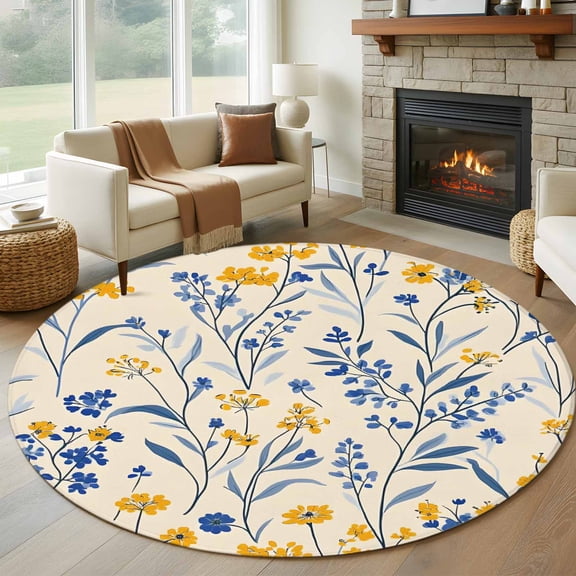Garden Flora Illustrations Round Area Rug 5 FT, Non Slip Bedroom Rugs, Blue Yellow Flowers Washable Soft Circular Carpet Non-Shedding Floor Mat for Kitchen Dining Room Foyer Balcony Dorm