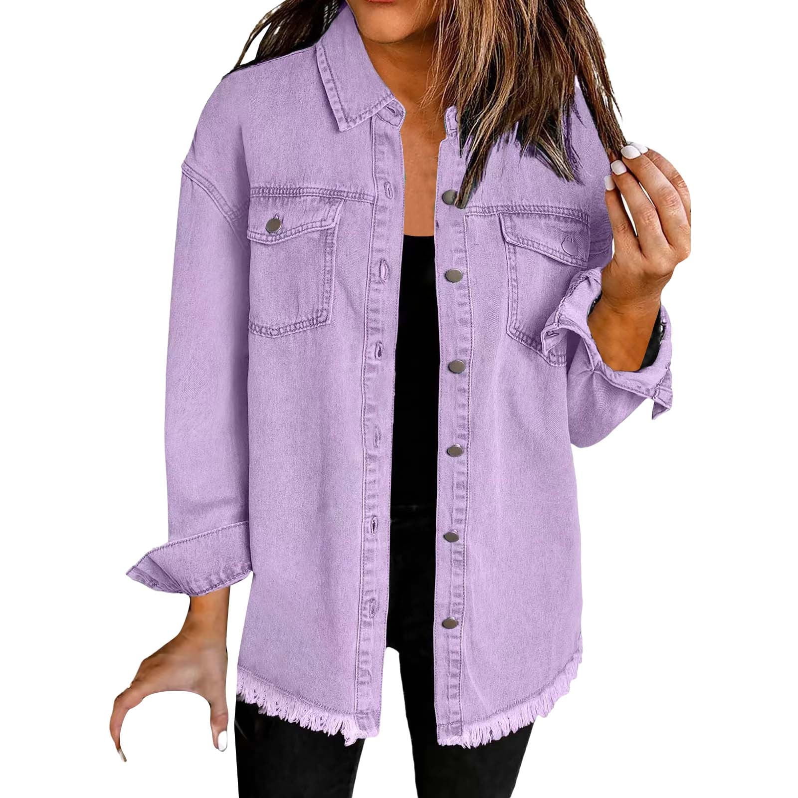 Purple Womens Tops Washed Denim Shirt Jacket Fashion Casual Hem