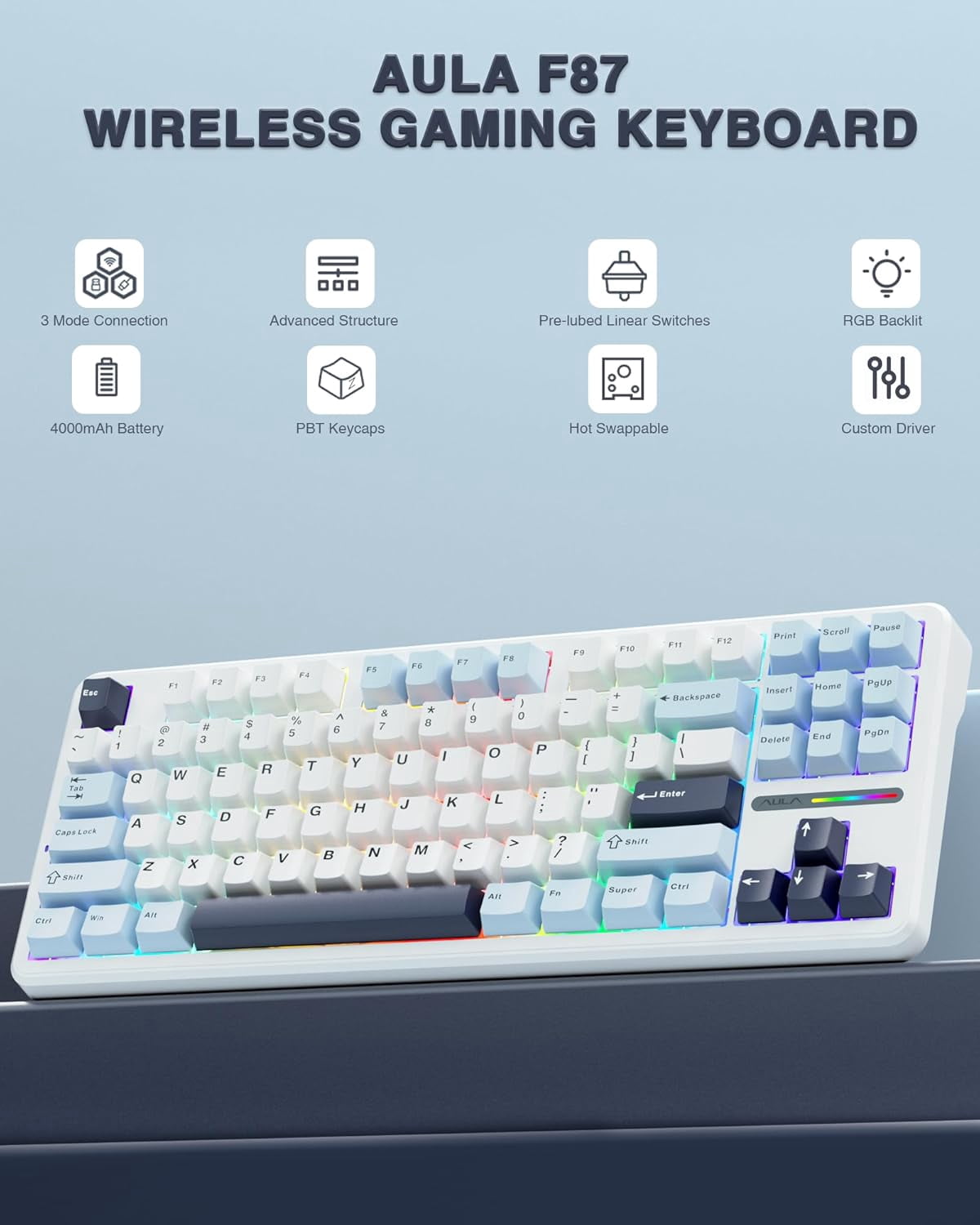 Restored AULA F87 Wireless Mechanical Keyboard, 75% TKL Custom Hot Swappable Gaming Keyboards with PBT Keycaps, Pre-lubed Greywood Switches, RGB Backlit Creamy Keyboard, 2.4GHz/USB-C/BT5.0 (Refurbished)