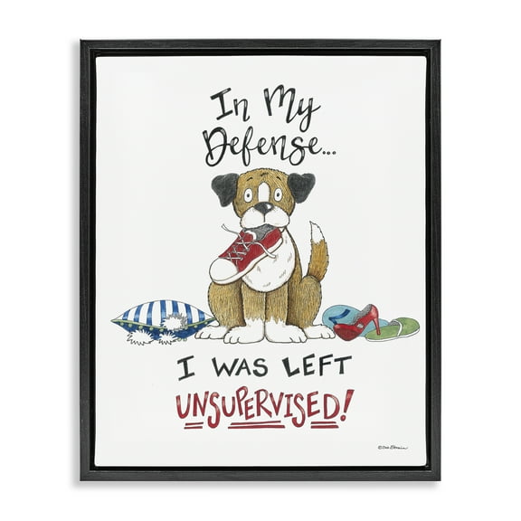 Stupell Industries Left Unsupervised Dog Animals Painting Black Floater Framed Canvas Art Print Wall Art, 17 x 21