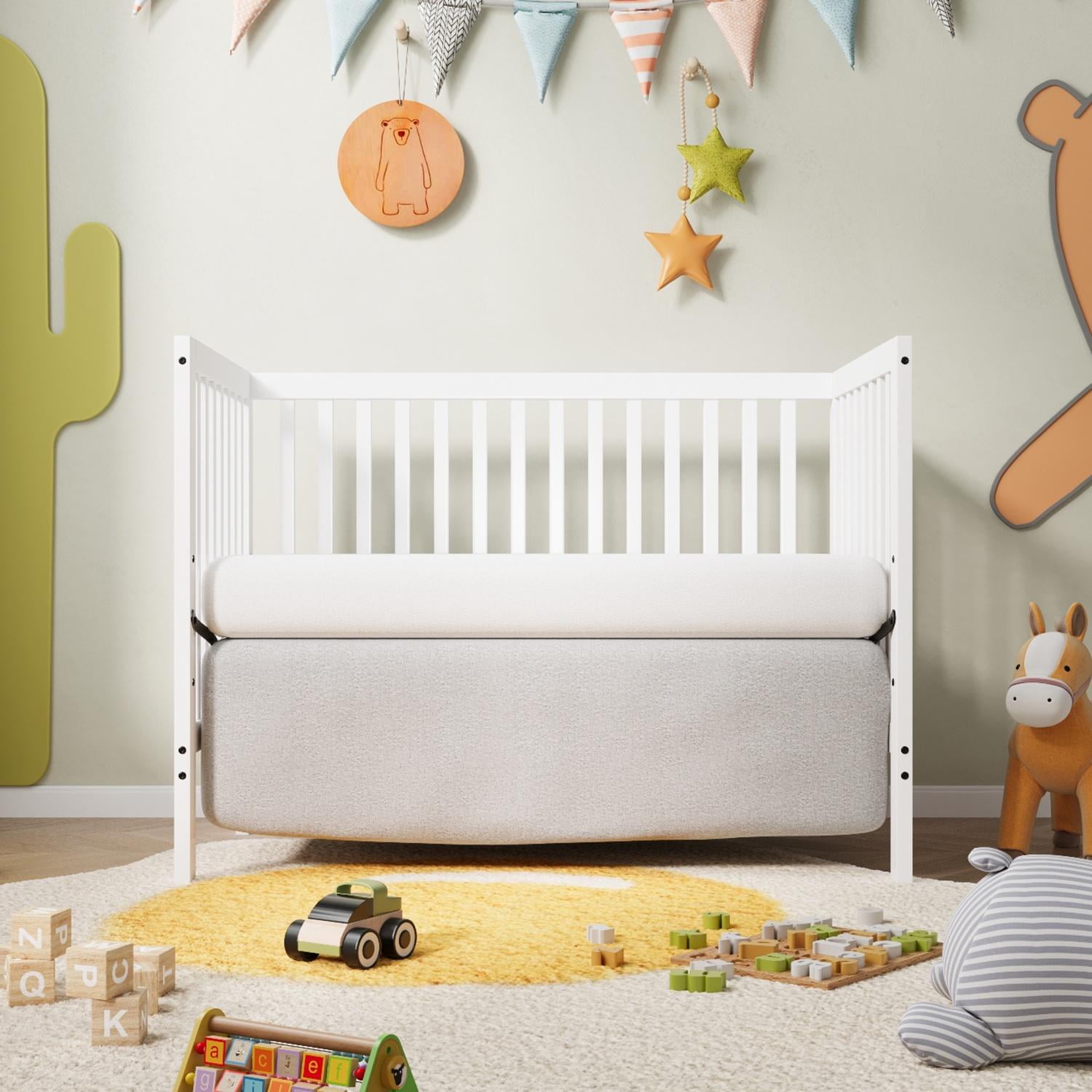 HSUNNS 5-in-1 Convertible Crib, Baby Crib with Slats, Certified Baby Safe Crib, Converts from Baby Crib to Toddler Bed, Easy Assembly, 3 Adjustable Heights, White