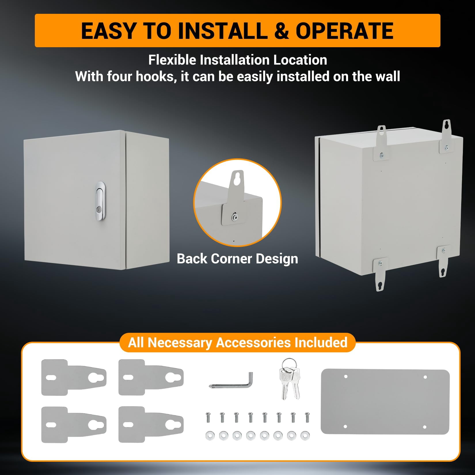 Kojooin Lockable Outdoor Electrical Box, NEMA 4X Steel Enclosure, IP67 Waterproof Dustproof Junction Box with Mounting Plate and Key for Indoor Outdoor