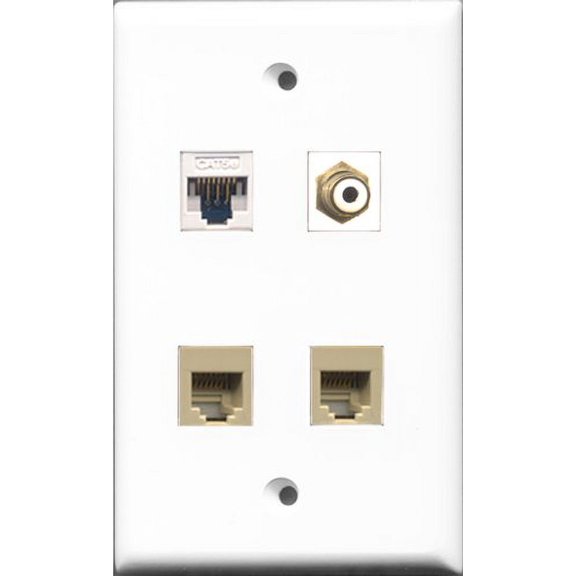 RiteAV 1 Port RCA White 2 Port Phone RJ11 RJ12 Beige and 1 Port Cat5e Ethernet White Wall Plate
