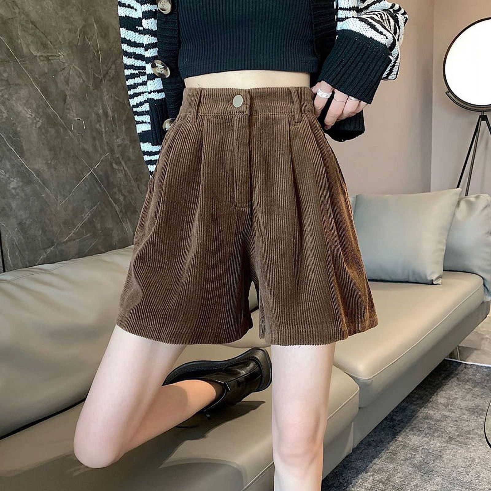 PIKADINGNIS New Corduroy Womens Shorts Spring Summer High Waist Wide Leg Shorts  Female Casual Loose Brown Short Trousers 