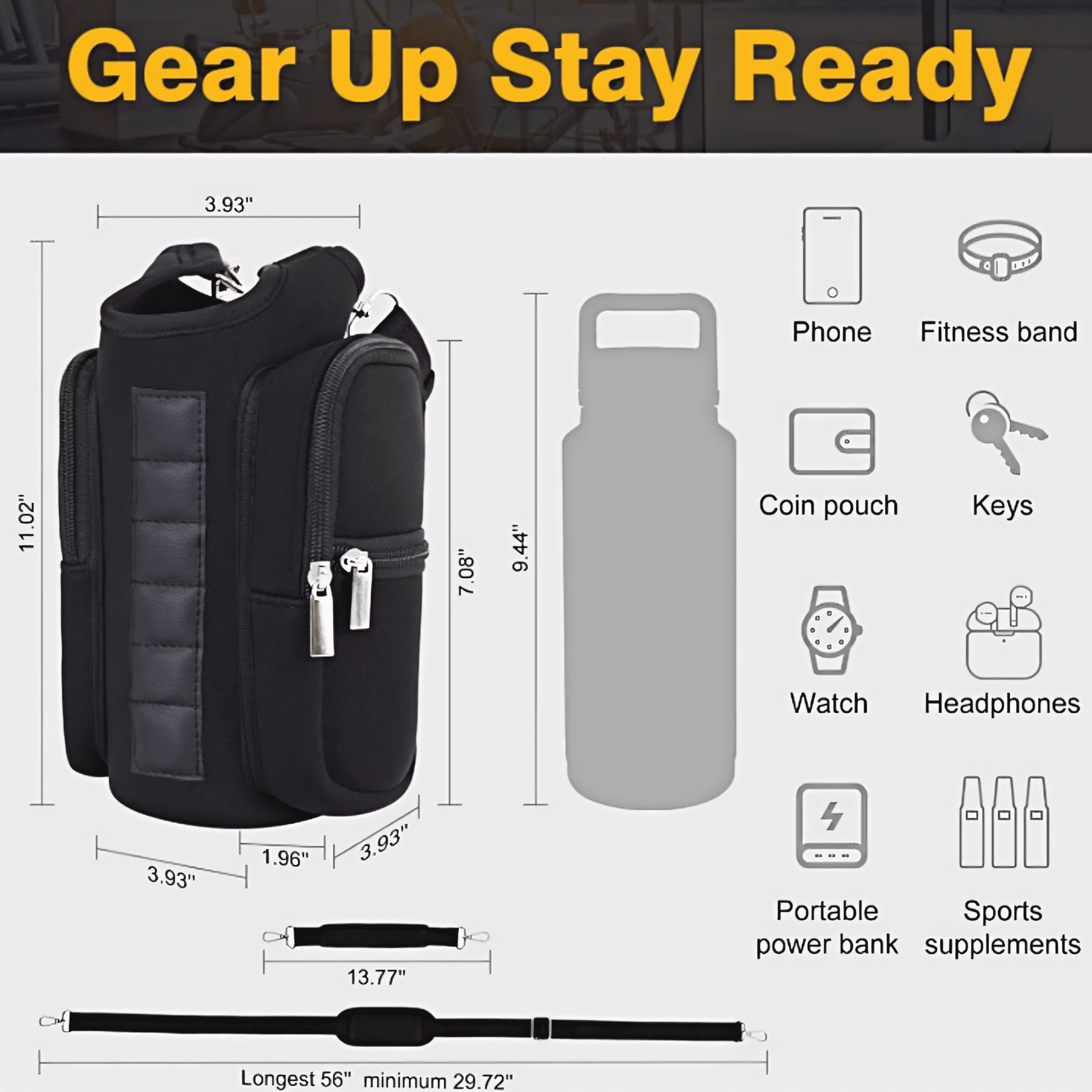 Magnetic Gym Water Bottle Bag with Transparent Window, Fits 21-40 oz Bottles