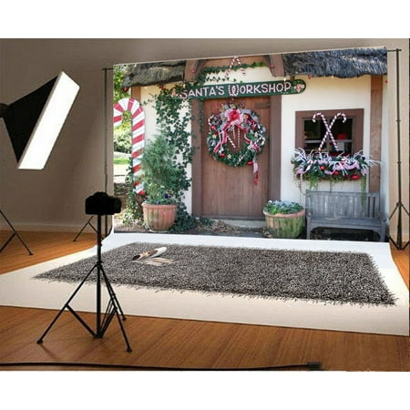 HelloDecor Polyster 7x5ft Photography Backdrop Merry Christmas Garland Santa's Workshop Front Door Rustic Candy Cane Background Kids Adults Photo Studio