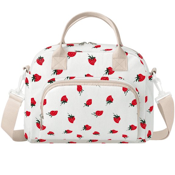 Gocvo Lunch Bag for Women Insulated Lunch Bag Reusable Cooler Bag Portable Cute Corduroy Lunch Tote Bags for Travel, Work, Picnic(Little Strawberry)