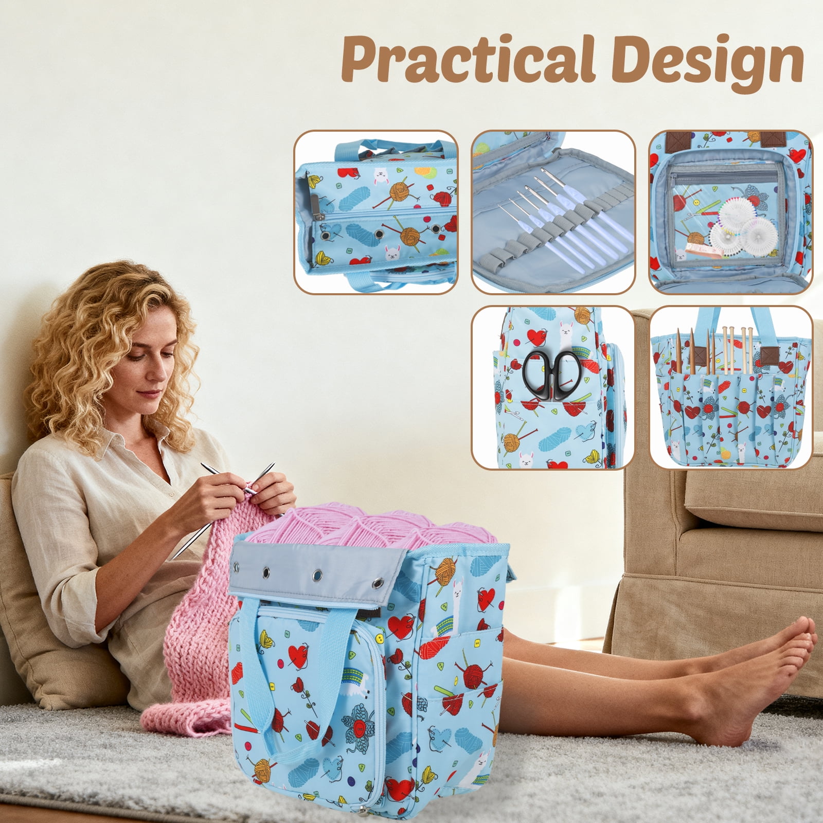 Threns Crochet Yarn Storage Bag Large Capacity Travel Knitting Bag Portable Oxford Cloth Wool Tote Organizer with Multi Pocket for Knitting Needle Crochet Hook