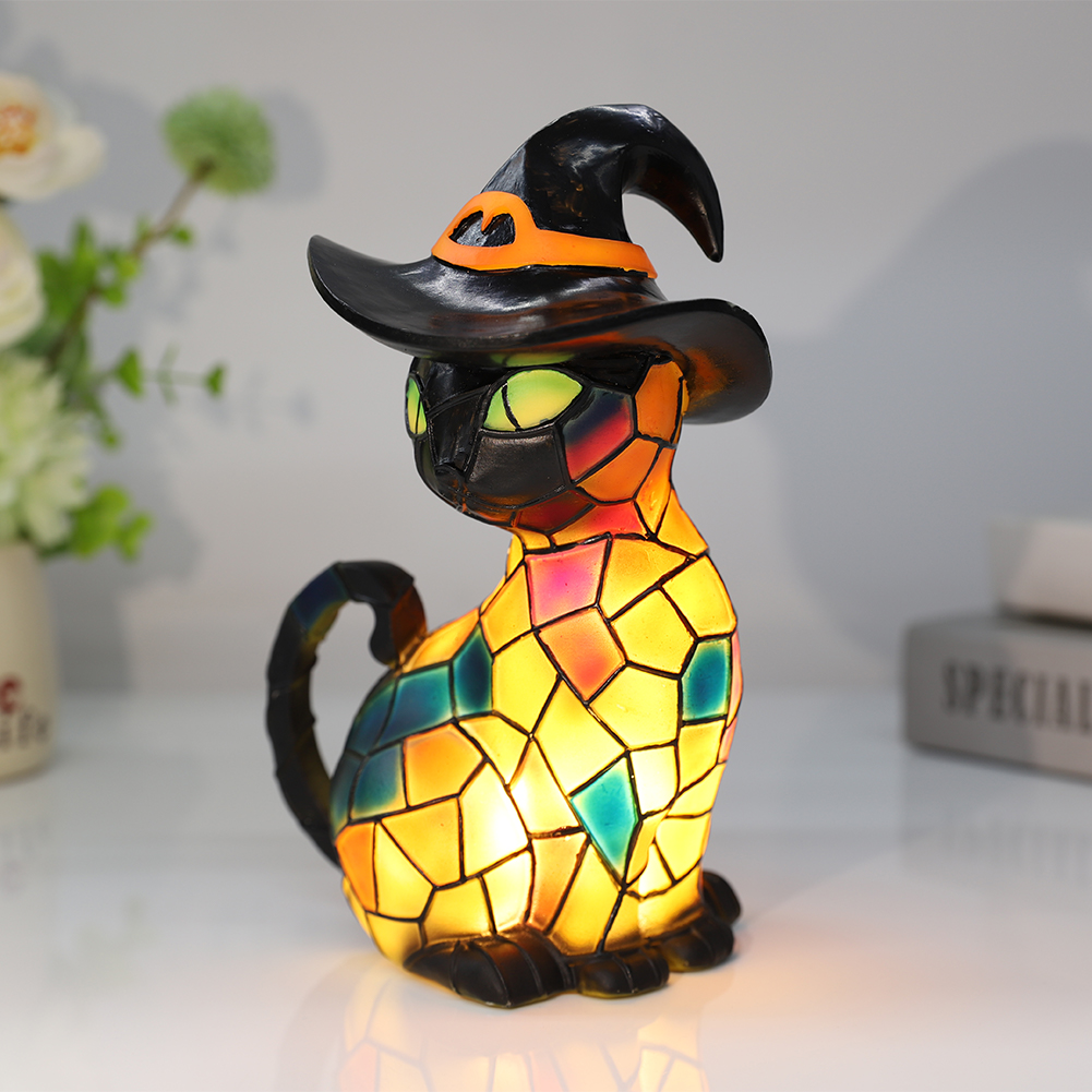 Halloween Theme Cat Lantern - Stained Resin Pumpkin Cat Night Light, 3D Cat Wear Witch Hat Bedside Lamp