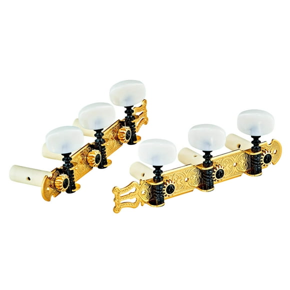 Ortega Guitars, Screw Classical Standard Tuning Machines 3L x 3R w/Gold Baseplate & White Buttons (OTMSTD-GOWH)