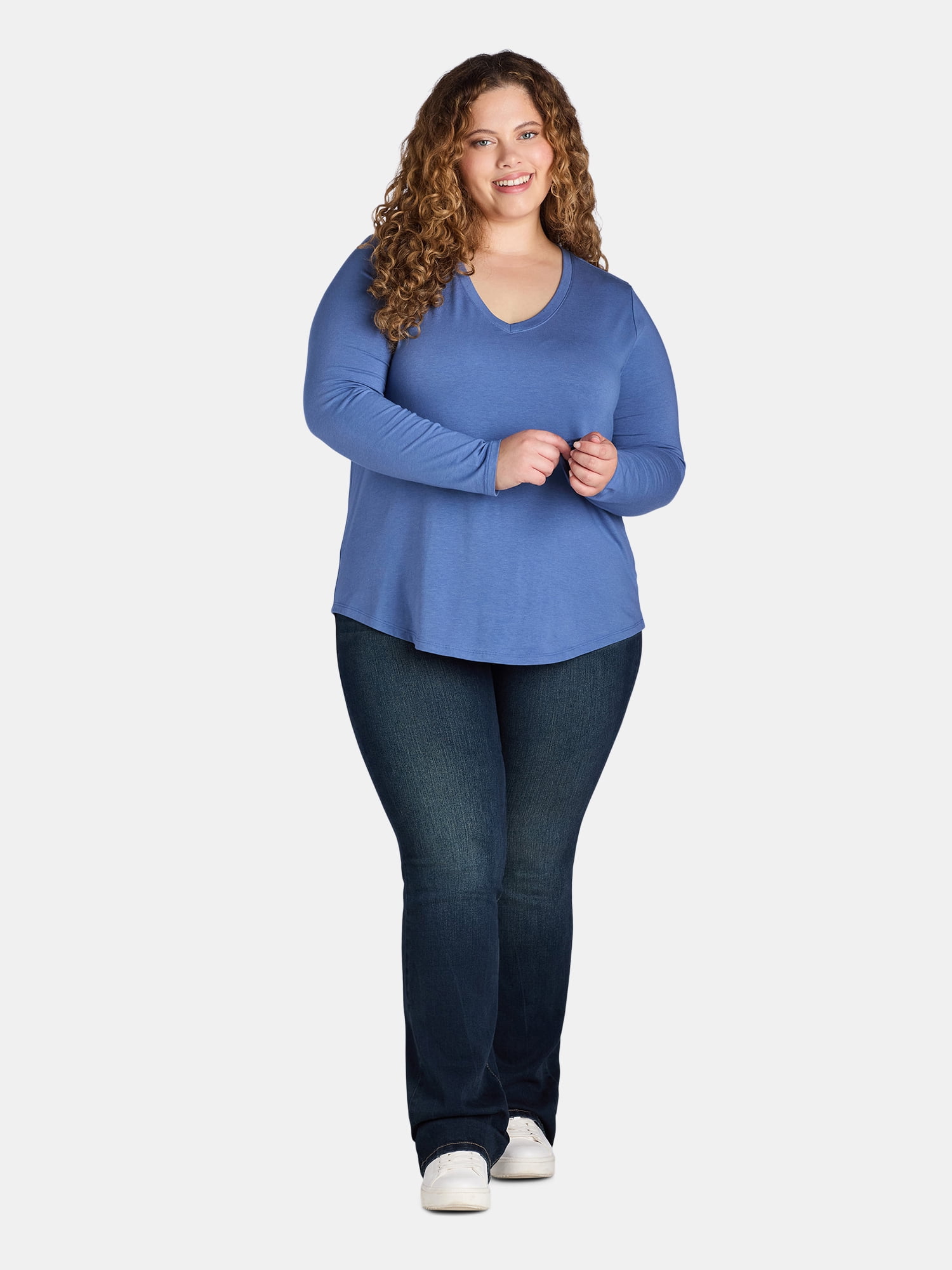 Terra & Sky Women’s Plus V Neck Tee with Long Sleeves, Available in 1 and 3-Packs, Sizes 0X-5X