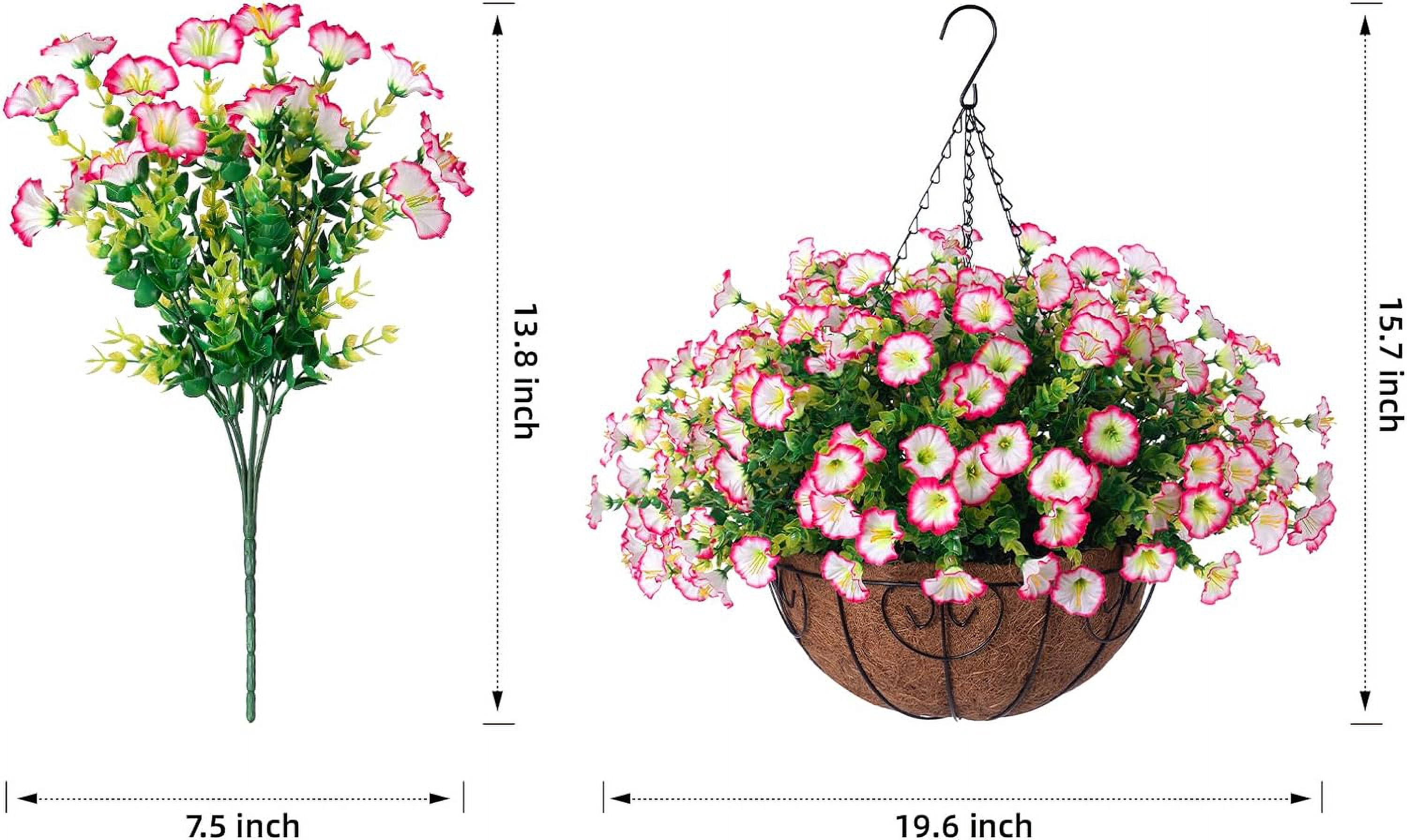 Artificial Fake Hanging Plants Flowers Basket for Outdoor Spring Decoration, Faux Silk Purple Morning Glory Eucalyptus Realistic UV Resistant for Outside Home Porch Patio Balcony Decor