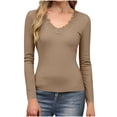 thumbnail image 4 of Ribbed Long Sleeve T Shirts for Womens Slim-fit Sexy Lace V Neck Blouses Stretchy Fitted Outdoor Y18K Tops, 4 of 7