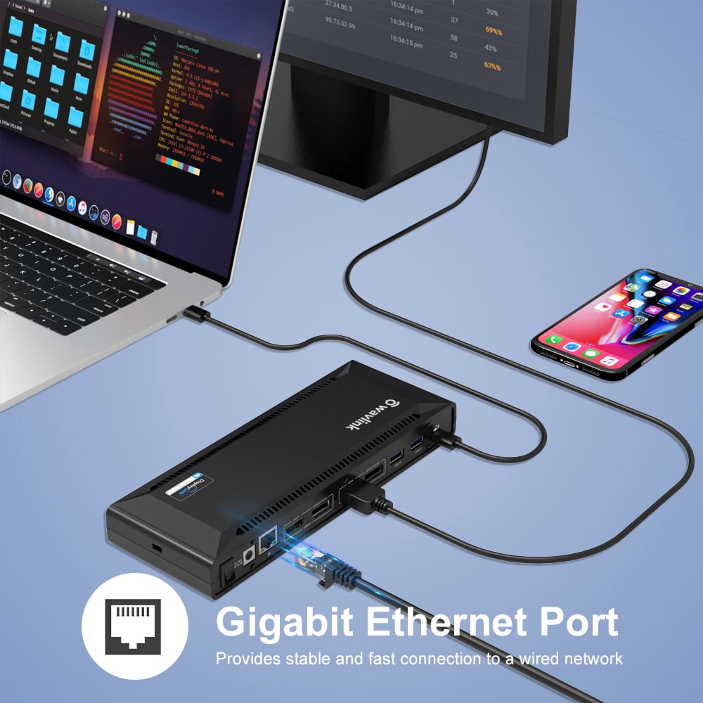 WAVLINK USB C Docking Station Dual 4K Display with 60W Charging/PD forNew MacBook Neo Windows Mac OS, 5K@60Hz/4K@60Hz (HDMI and DP, Gigabit Ethernet, Type C, USB 3.0)