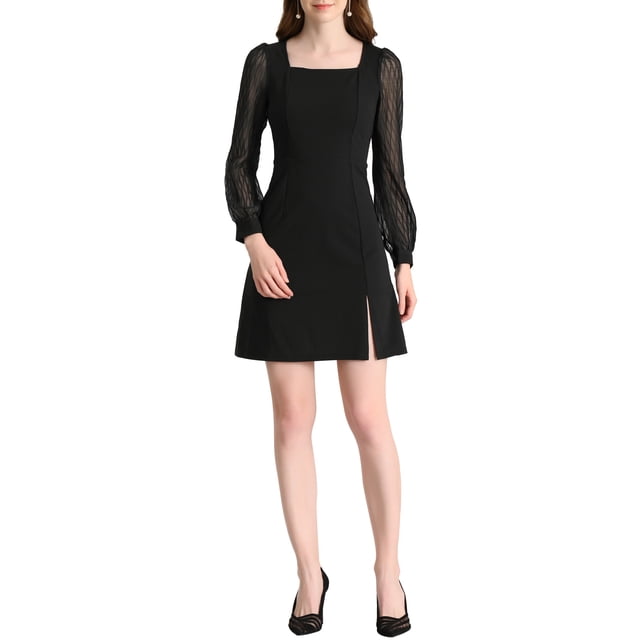 Vestido mini A-line negro con escote cuadrado, laterales abiertos, mangas abullonadas y semi-translúcido para mujeres Inspire Chic