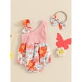 thumbnail image 4 of Nygoyerh Baby Girls Sweet Summer Romper Flower Print Slash Neck Ribbed Patchwork Jumpsuit Newborn Infant Cute Sleeveless Bodysuit with Headband 3M 6M 12M 18M, 4 of 9