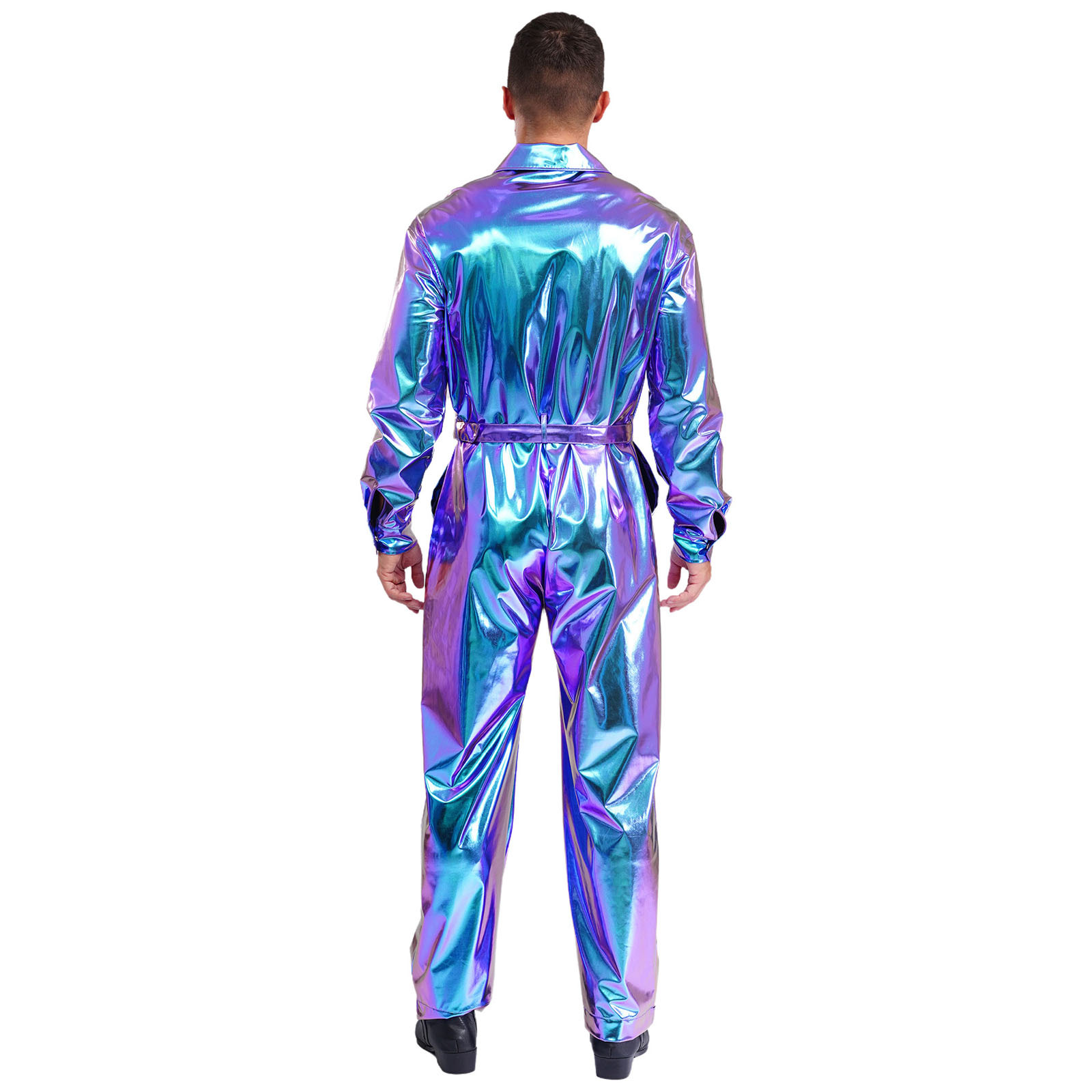 SiiRoh Metallic Shiny Coveralls for Men Long Sleeves Turn Down
