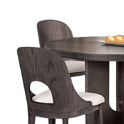 Benjara Zoko 5pc Round Dining Table Set- White Polyester Chairs- Ash Gray Wood