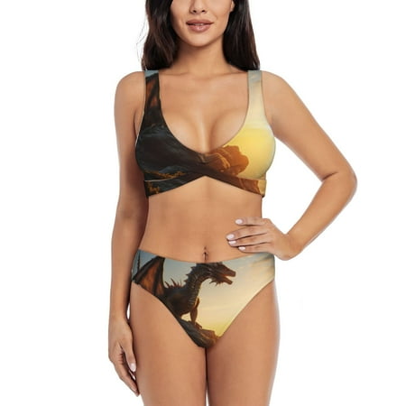 Zeuib Seaside Sunset Cool Dragon High Waisted Tummy Control Bikini Set - Knot Front Push Up Top & Cheeky Thong Bottom  Two-Piece Swimsuit for Women-XX-Large