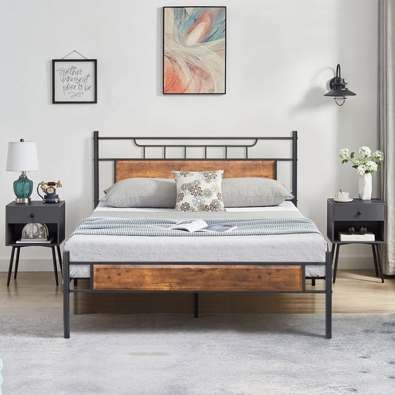 VECELO 3-Piece Bedroom Set with Full Bed Frame and 2 Gray Nightstands