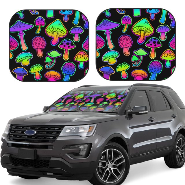 Fotbe Bright Mushrooms Juego de 2 Piezas de Parasoles para Parabrisas | Bloqueador Solar para Auto | Accesorios Plegables para Protección Solar Interior-Large