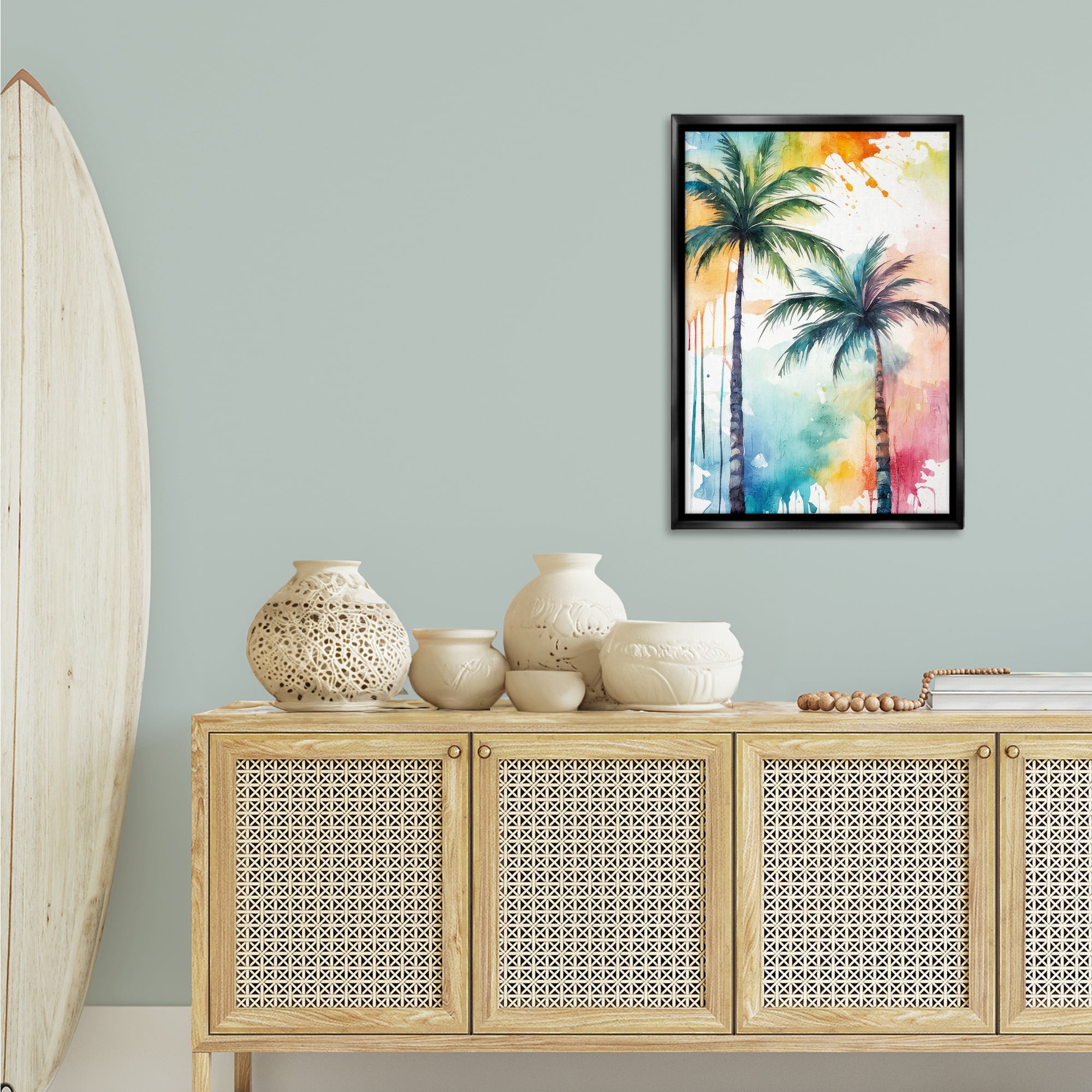 Stupell Industries Paint Splash Palms Botanical & Floral Painting Black Floater Framed Canvas Art Print Wall Art, 21 x 31