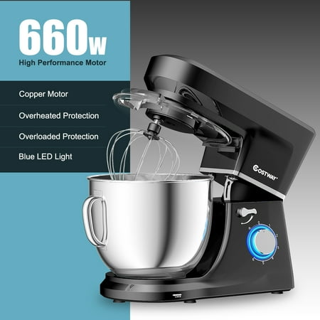 Costway - Tilt-Head Stand Mixer 7.5 Qt 6 Speed 660W with Dough Hook, Whisk & Beater - Black