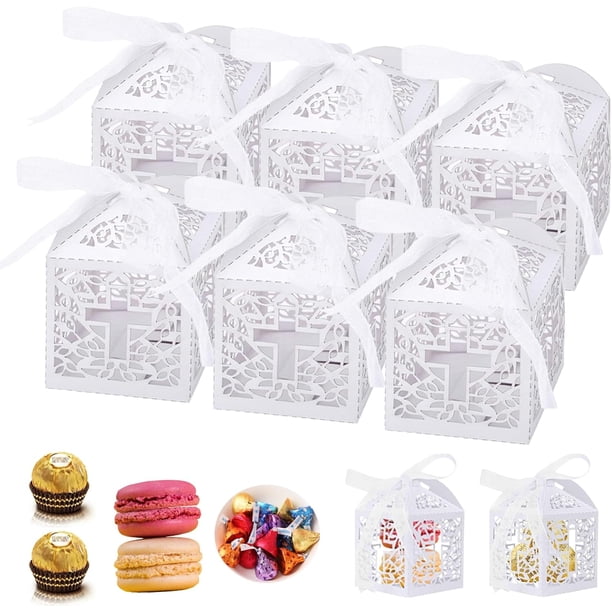Cajas Papel para Dulces Recuerdos de Fiestas, Caja de Papel para Regalo de Boda, Cajas huecas de cruz blanca para bautismo, decoraciones de boda con cintas