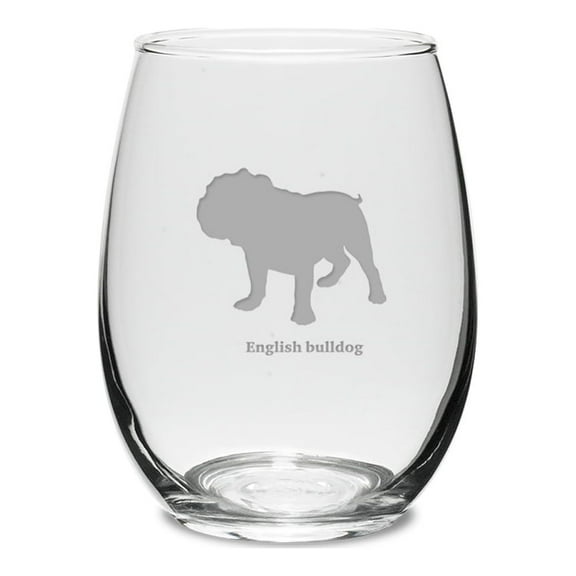 English Bulldog Deep Etched 15 oz Stemless White Wine Glass
