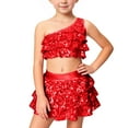 thumbnail image 2 of CAICJ98 Kids Girls Sequin Metallic One Shoulder Crop Top with Skirt Set Jazz Latin Dance Outfits 2 Piece Performance Dancewear (Red,5-6 Years), 2 of 5