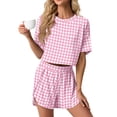 thumbnail image 4 of MINTREUS Womens Pajama Sets Striped Print Crew Neck Short Sleeve Tee and Side Split Shorts Lounge Set Cute Pj Sets, 4 of 8