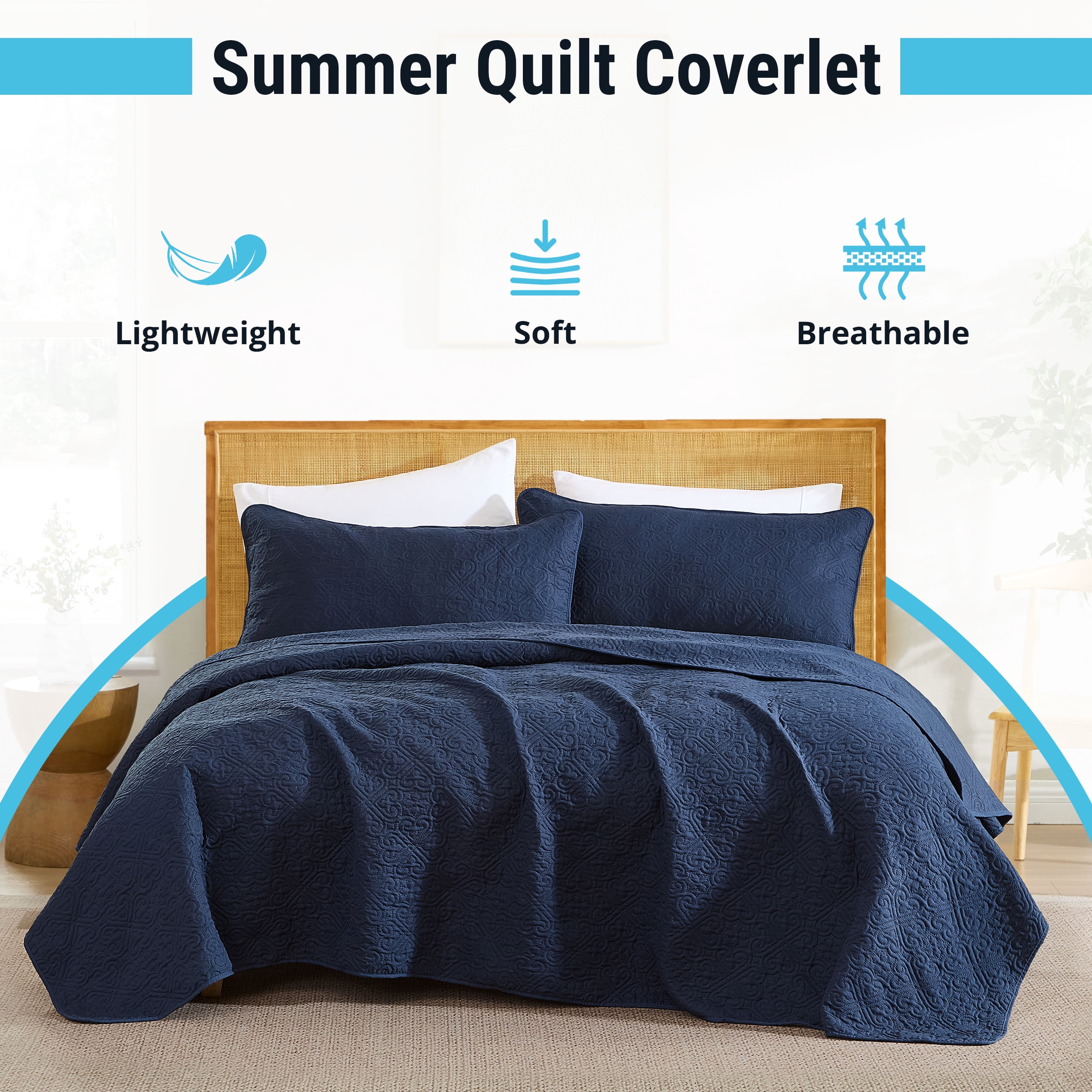 THD Loren - 3 Piece Full Queen Size Quilt Set, Lightweight Queen Bedspread Coverlet Set (Full/Queen, Navy Blue)