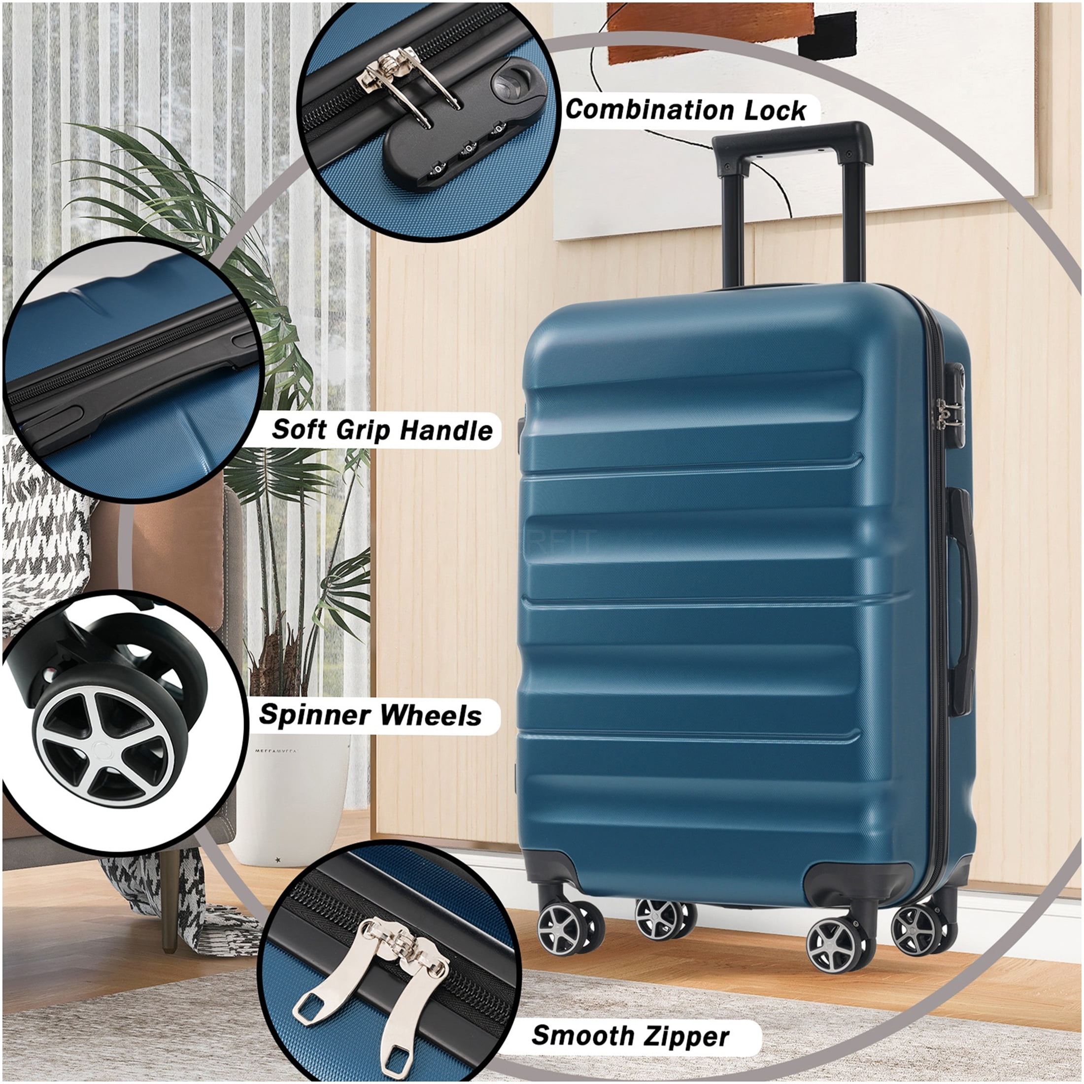 JERFIT 24-Inch Hardshell ABS Checked Spinner Suitcase Luggage Set with Packing Cubes, Lightweight & Durable Travel Suitcase for Adults, Inky Blue