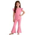 thumbnail image 6 of OGLCCG Girls 2 Piece Summer Outfits Ruffle Sleeve Crewneck T-shirt and Flare Pants Solid Color Casual Cotton Lounge Clothes 1-9 Years, 6 of 7