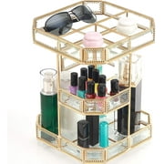 360 Rotating Makeup Organizer Spinning Cosmetic Makeup Swivel Antique Storage Box Mirror Glass Beauty Display, Gold Spin Large Capacity Vanity Organizer,Great for Countertop and Bathroom