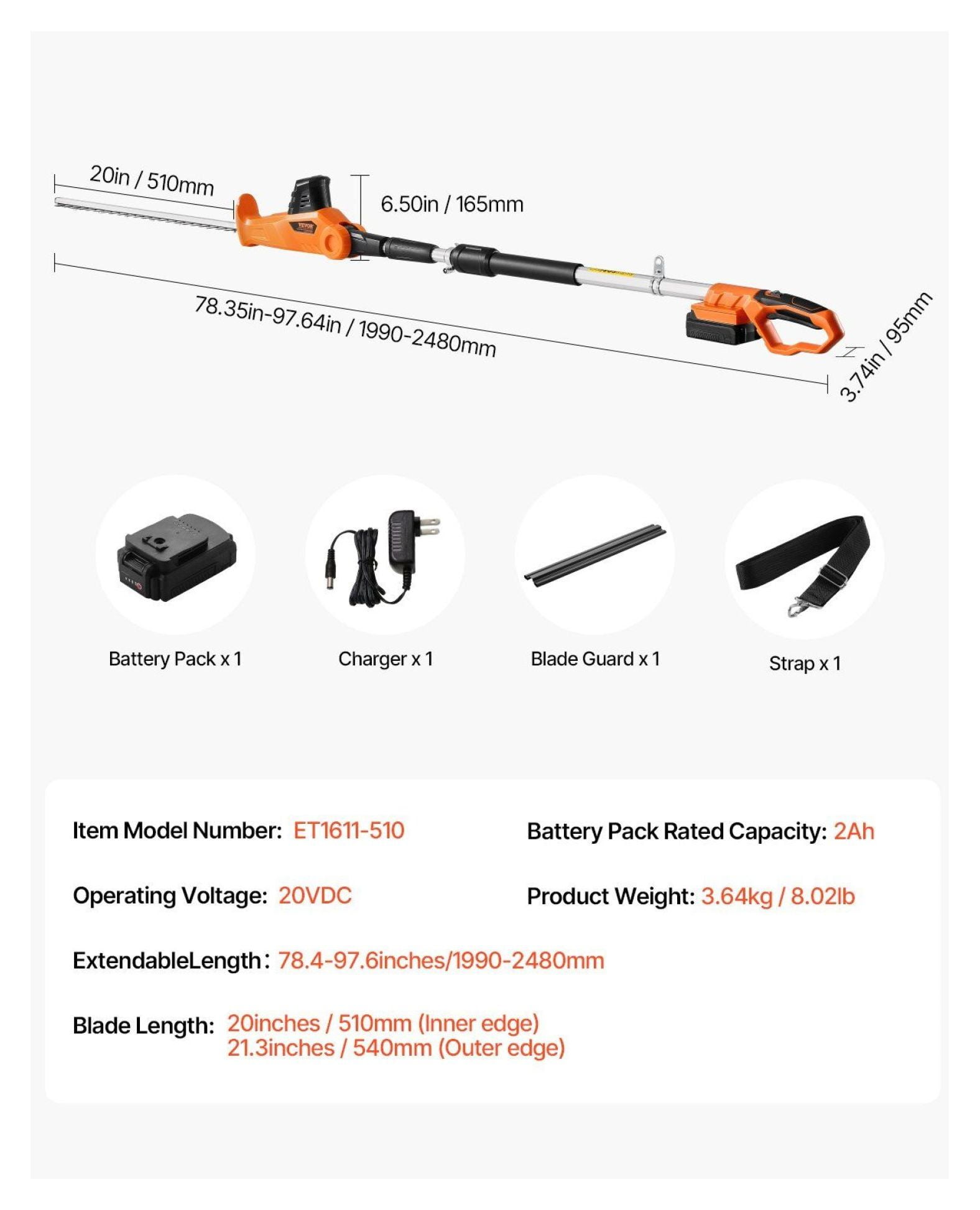Cordless Hedge Trimmer 20V 1200RPM, 20in Extendable Pole Trimmer